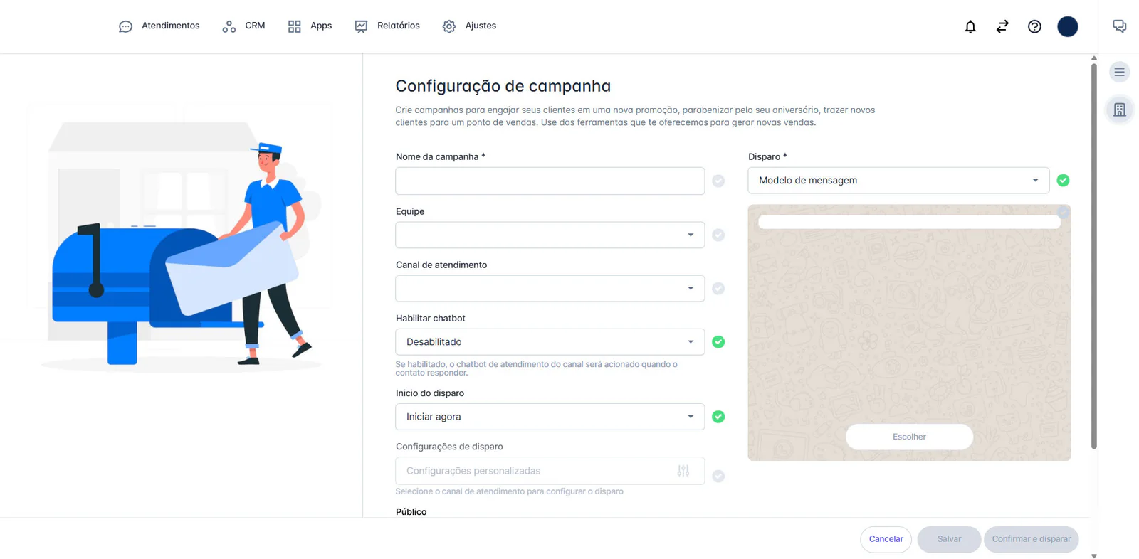 Tela de criação de campanha para relacionamento e recompra