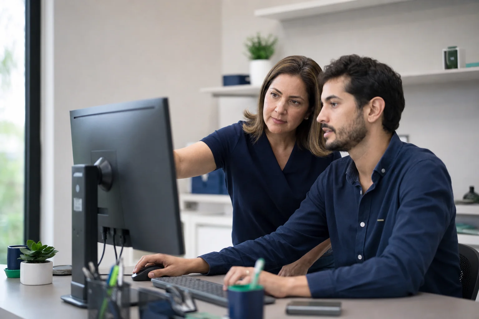 Equipe de uma farmácia de manipulação organizando o atendimento no computador